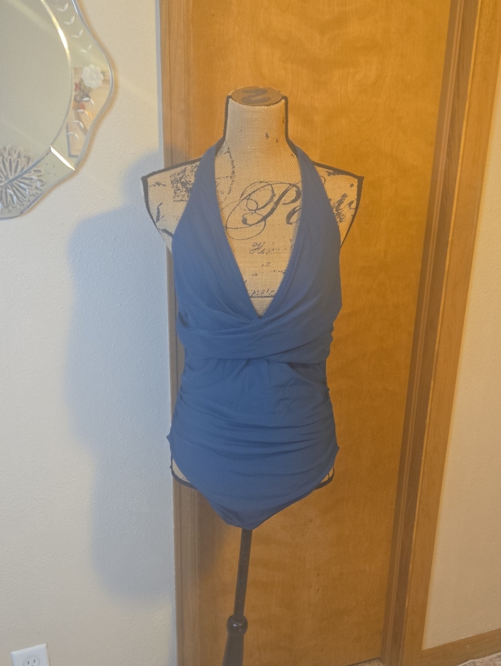 Cupshe Ruched Twist Front Halter One-Piece Swimsuit in Deep Teal Blue XL